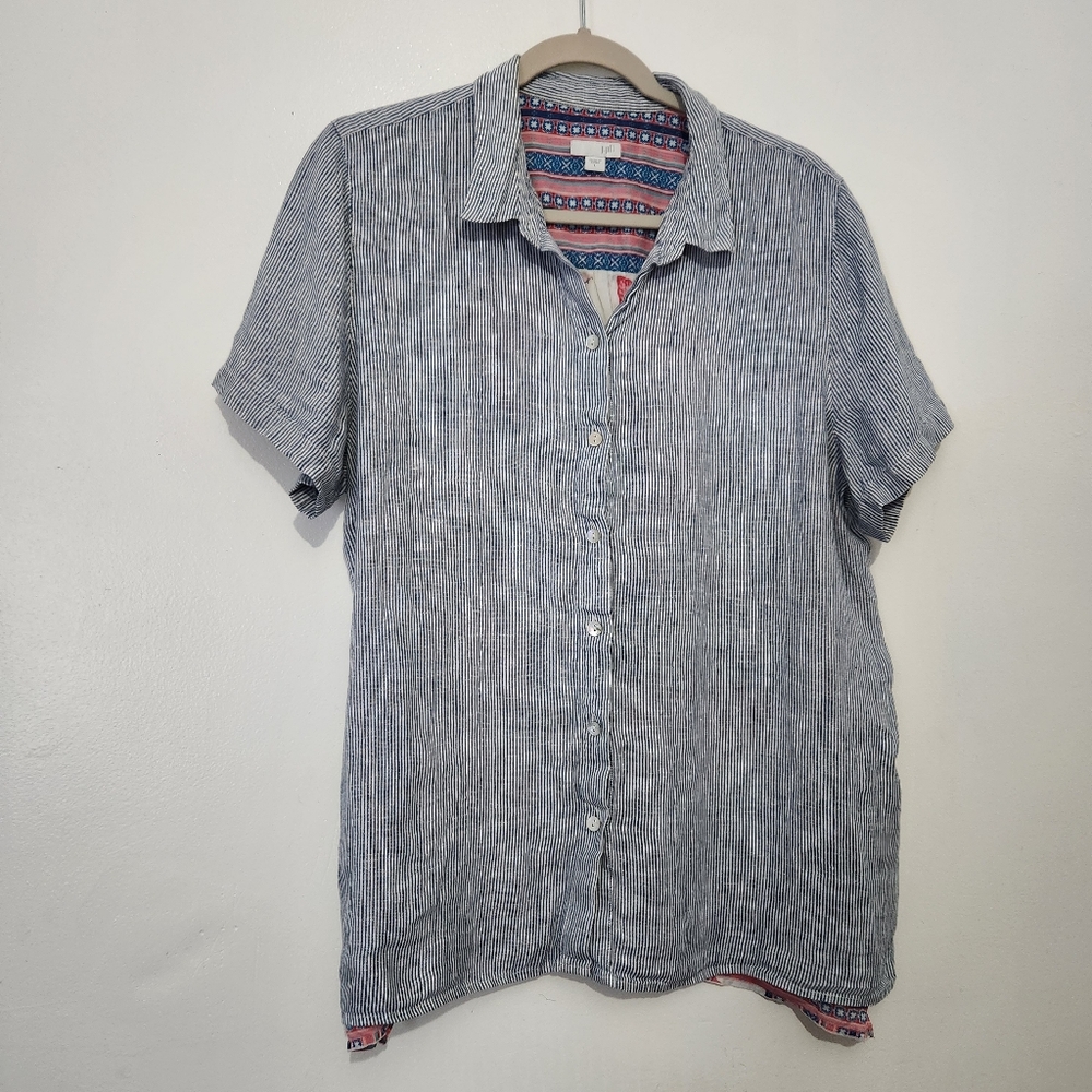J. Jill Large Linen Cotton Striped Floral Back Button Down Blouse Blue White L